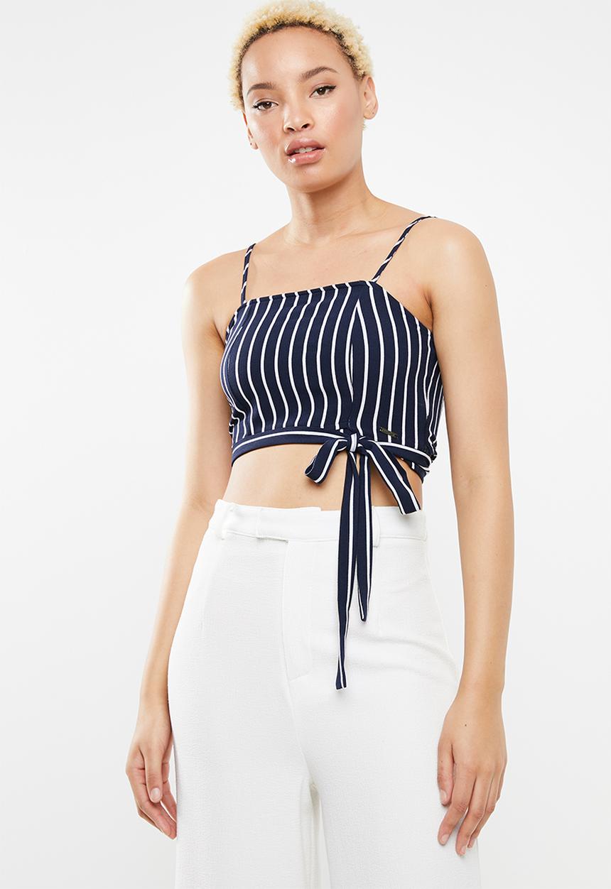 SISSY BOY - Stay on Vaycay crop top - navy & white 