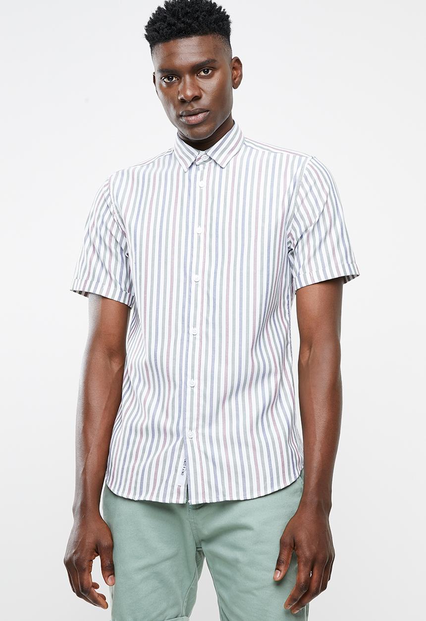 Only & Sons - Travis short sleeve striped shirt - green & burgundy