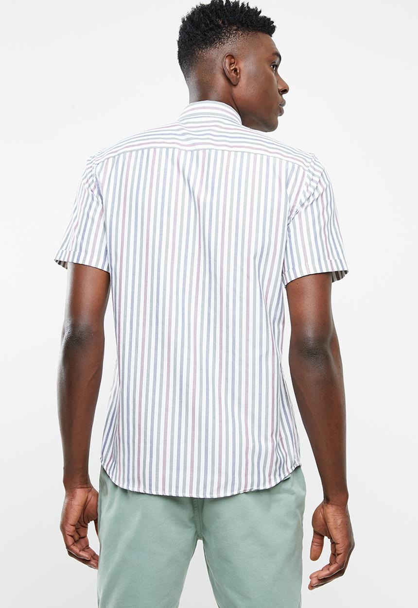 Only & Sons - Travis short sleeve striped shirt - green & burgundy