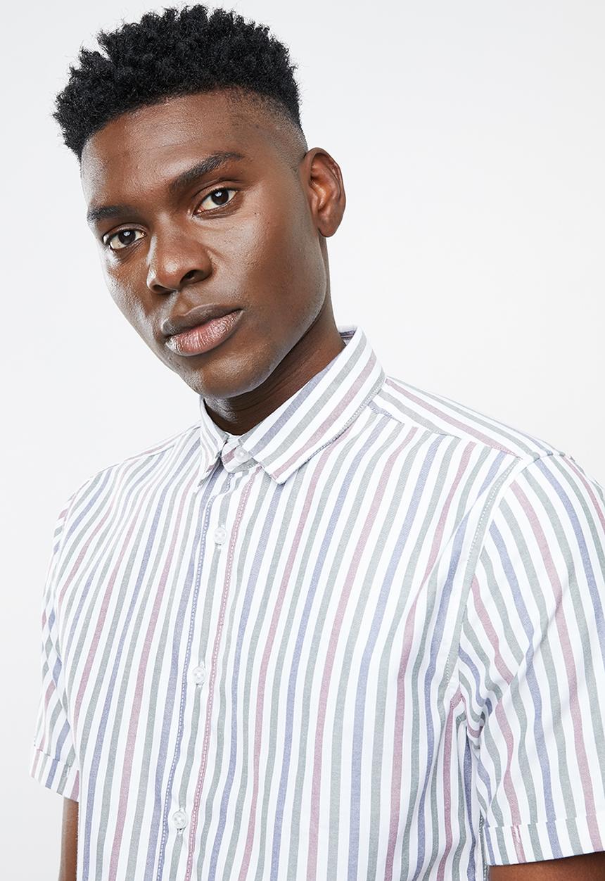 Only & Sons - Travis short sleeve striped shirt - green & burgundy