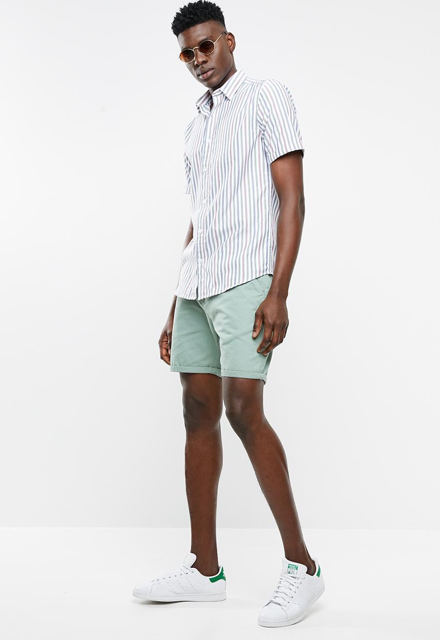Only & Sons - Travis short sleeve striped shirt - green & burgundy