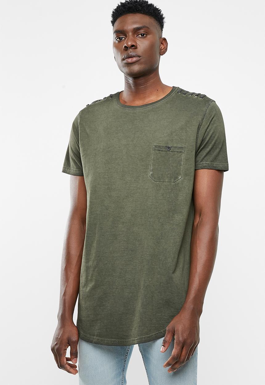 Brave Soul - Busted crew neck longline curved hem tee - khaki green