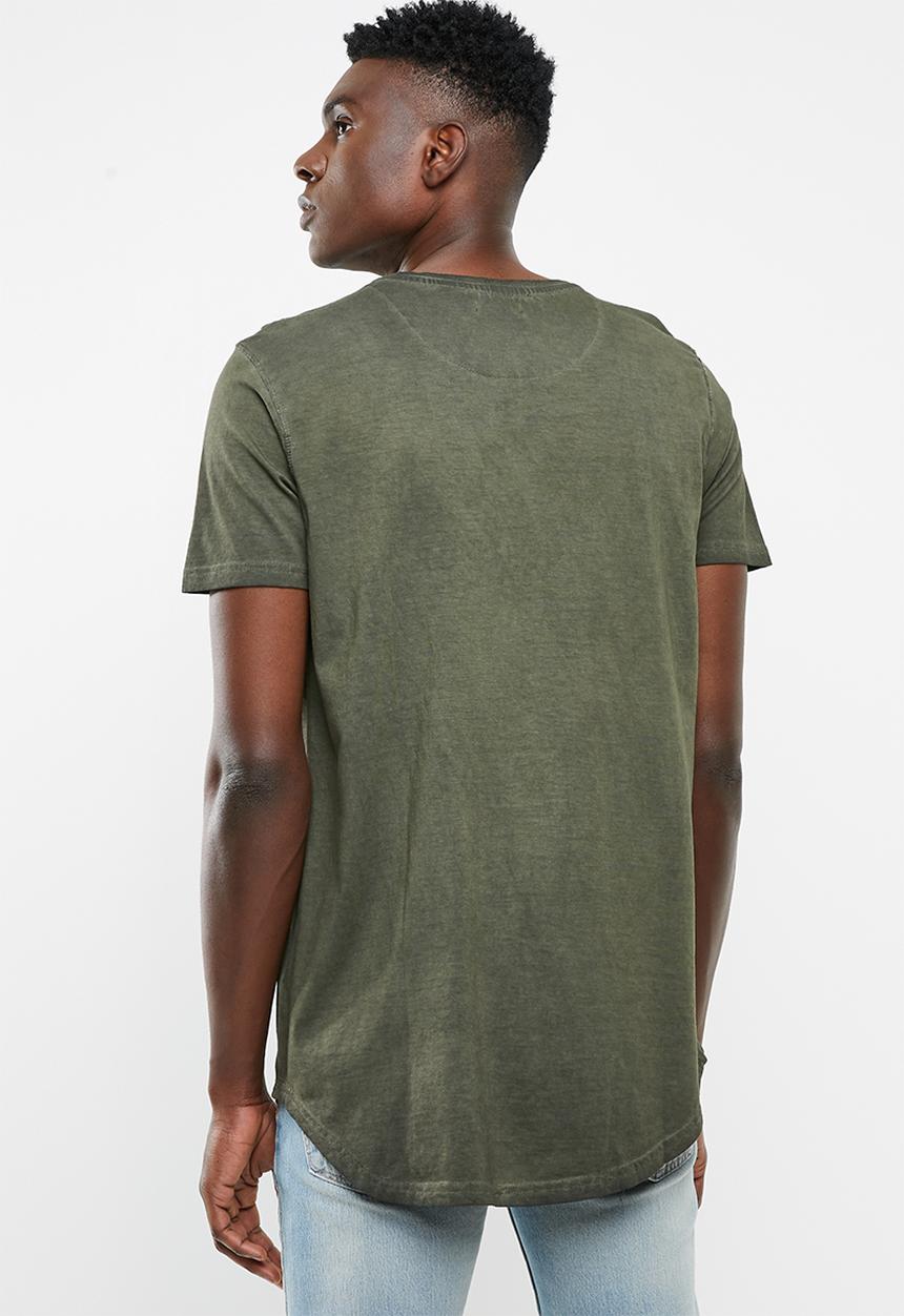 Brave Soul - Busted crew neck longline curved hem tee - khaki green