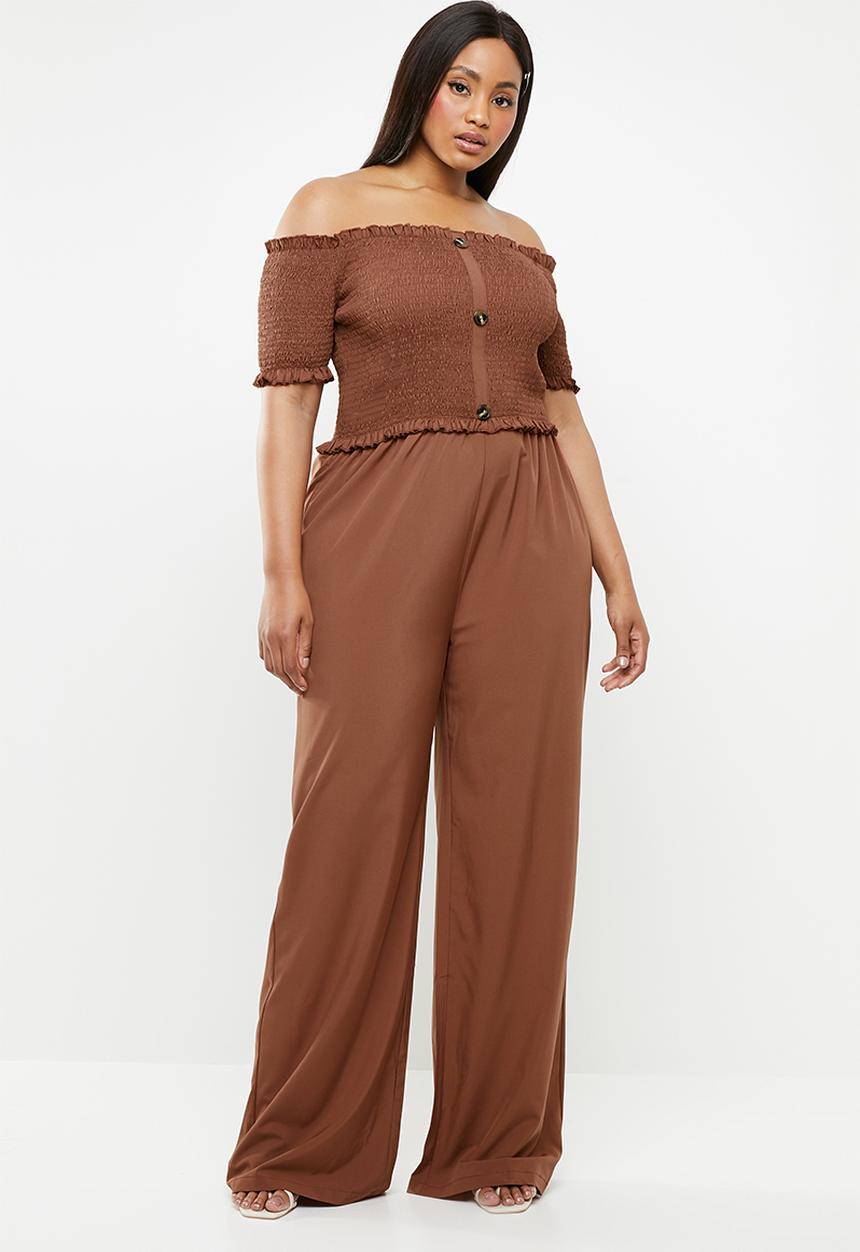 Missguided - Curve bardot shirred jumpsuit - brown