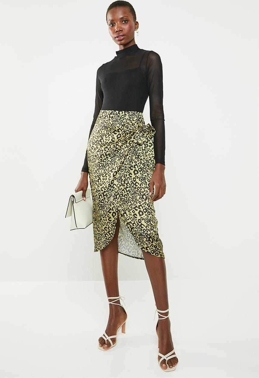 Missguided - Animal print tie side midi skirt - yellow & black