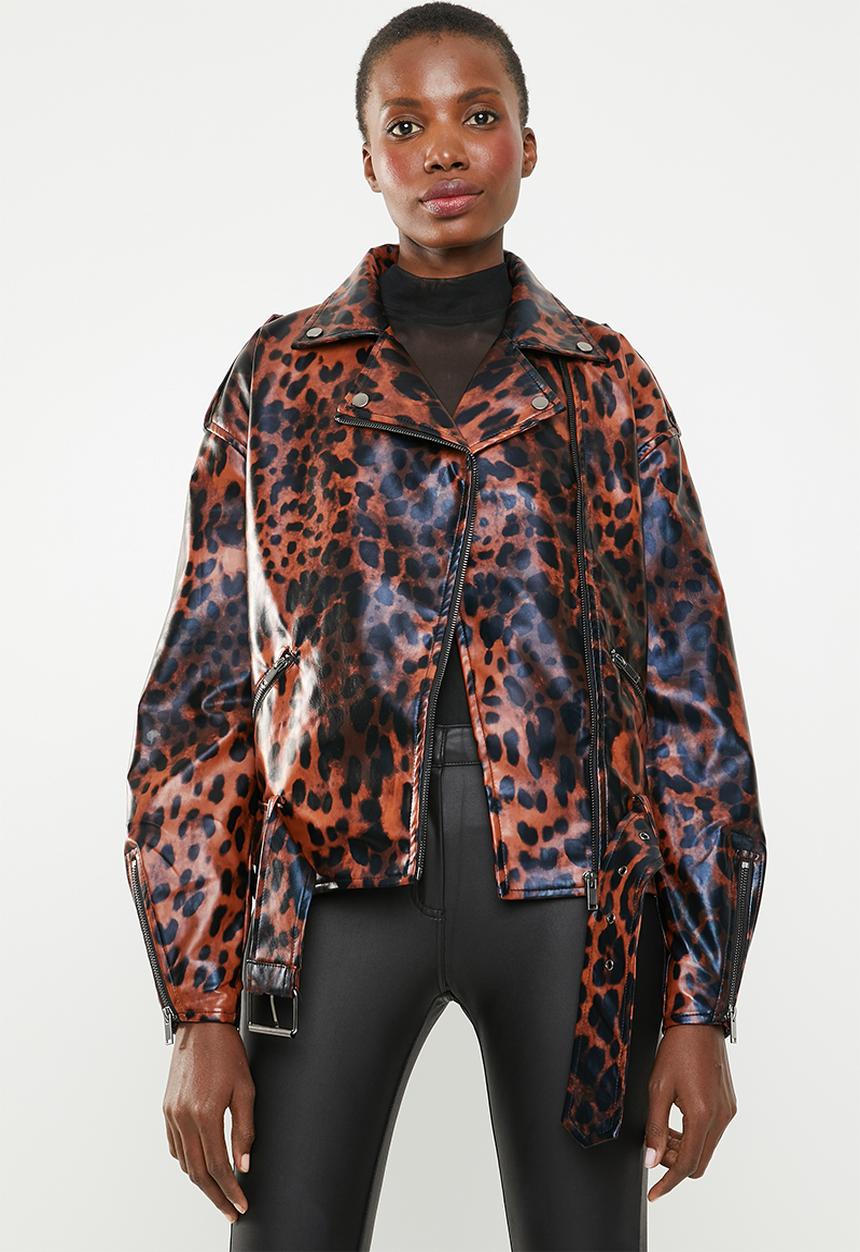 Missguided - Animal boyfriend biker jacket - brown & black