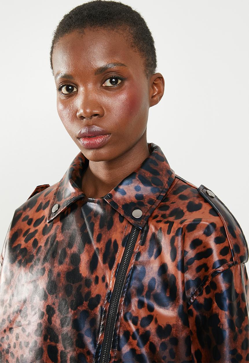 Missguided - Animal boyfriend biker jacket - brown & black
