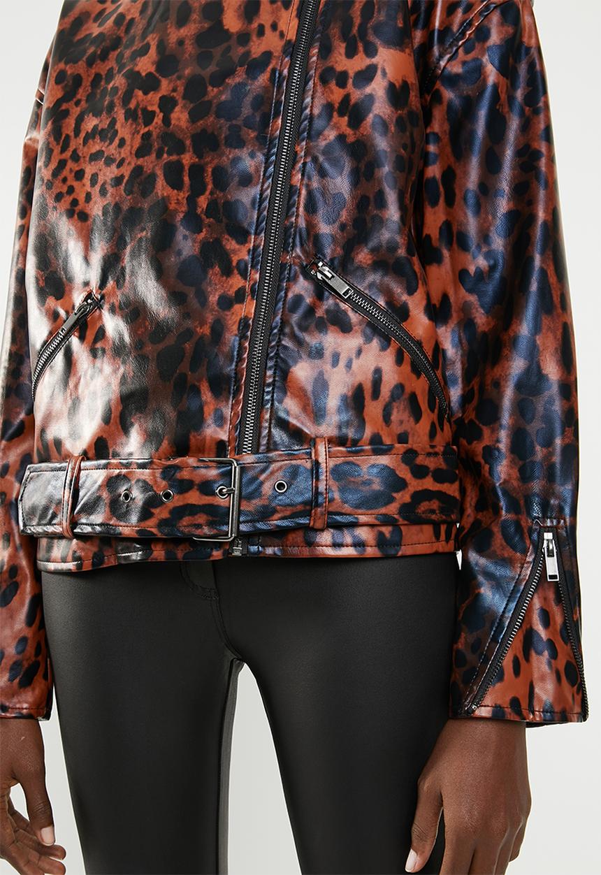 Missguided - Animal boyfriend biker jacket - brown & black