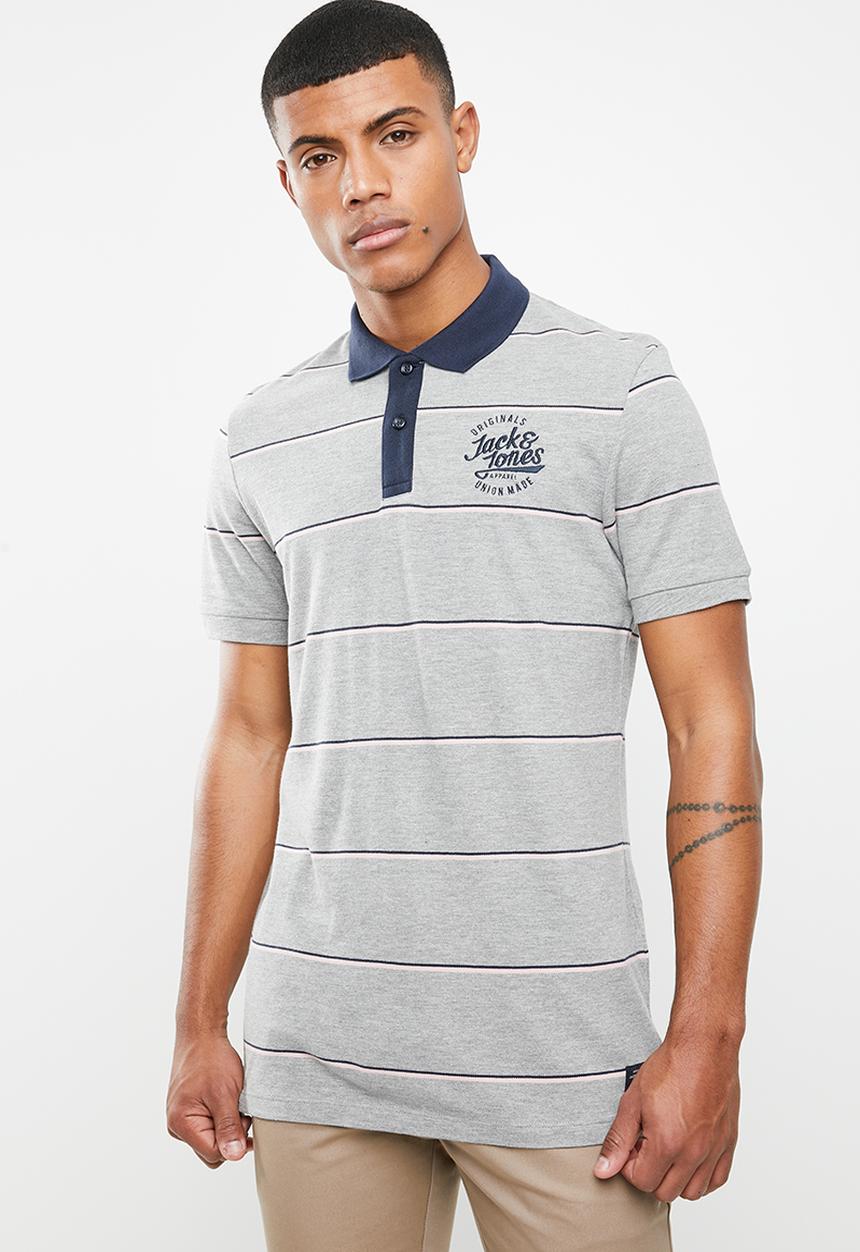 Jack & Jones - Stripe short sleeve polo - grey & navy  
