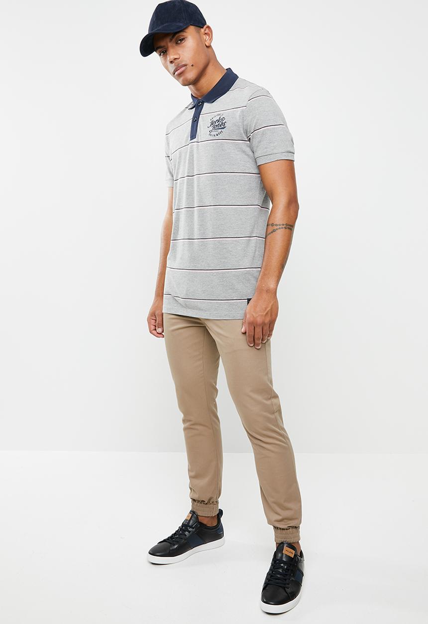 Jack & Jones - Stripe short sleeve polo - grey & navy  