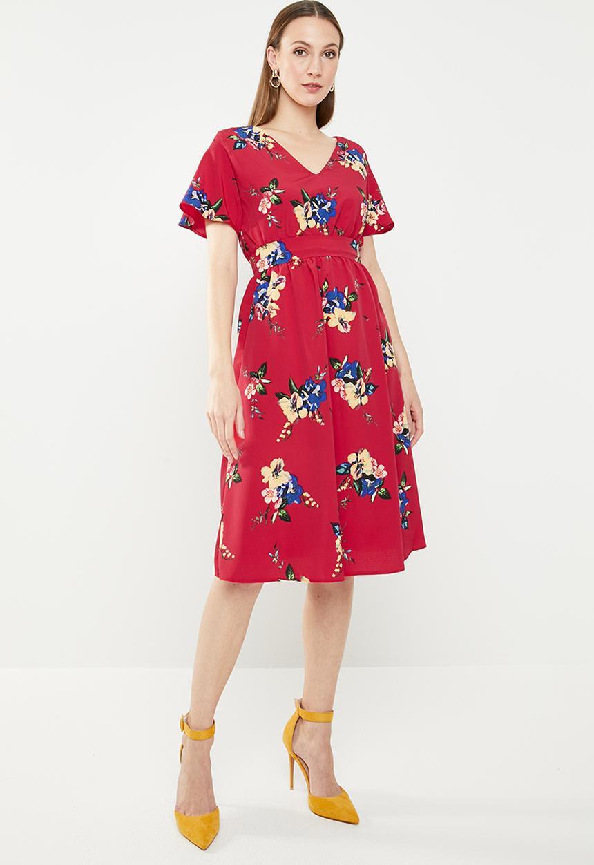 edit - Fit and flare dress with back neck ties - multi