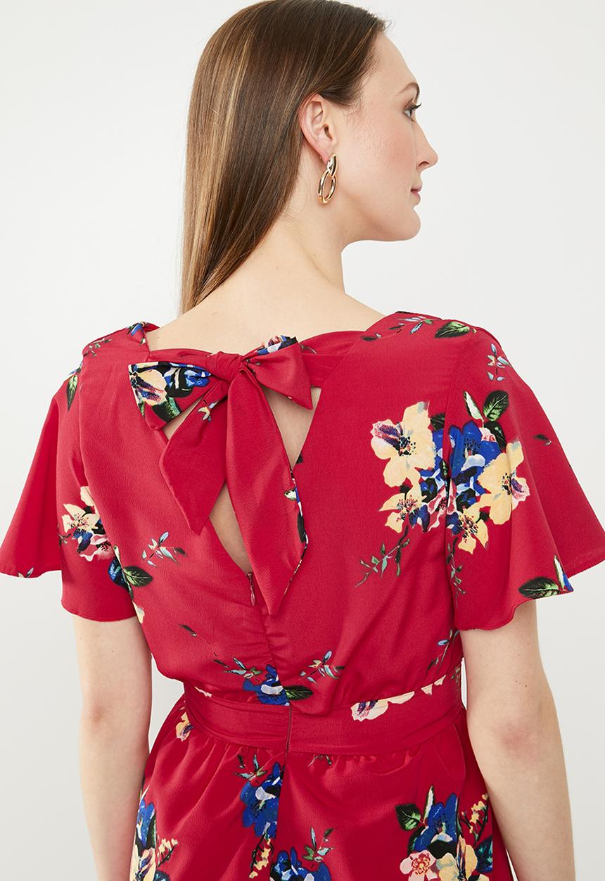 edit - Fit and flare dress with back neck ties - multi