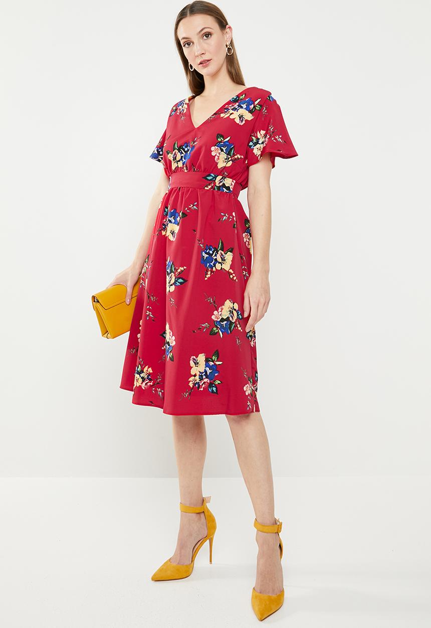 edit - Fit and flare dress with back neck ties - multi