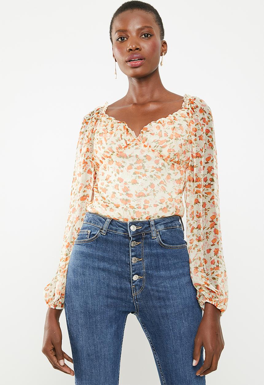 Missguided - Milkmaid ditsy floral long sleeve bodysuit - orange