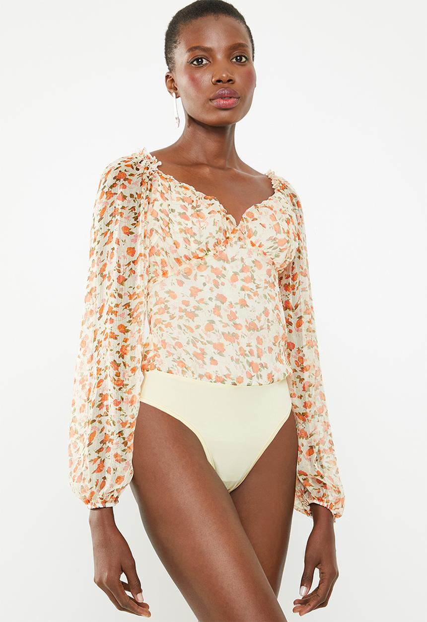 Missguided - Milkmaid ditsy floral long sleeve bodysuit - orange