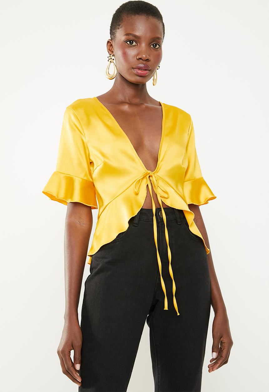 Missguided - Short sleeve tie front crop - yellow