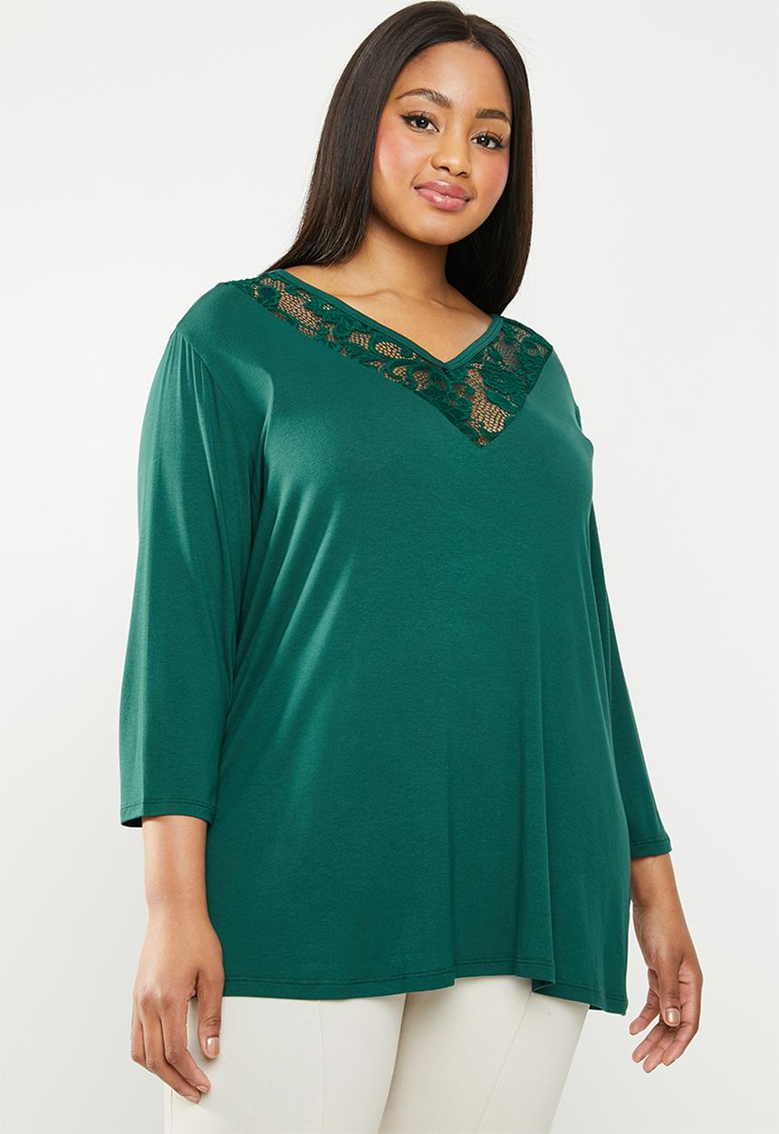 edit Plus - Lace inset v-neck top - green