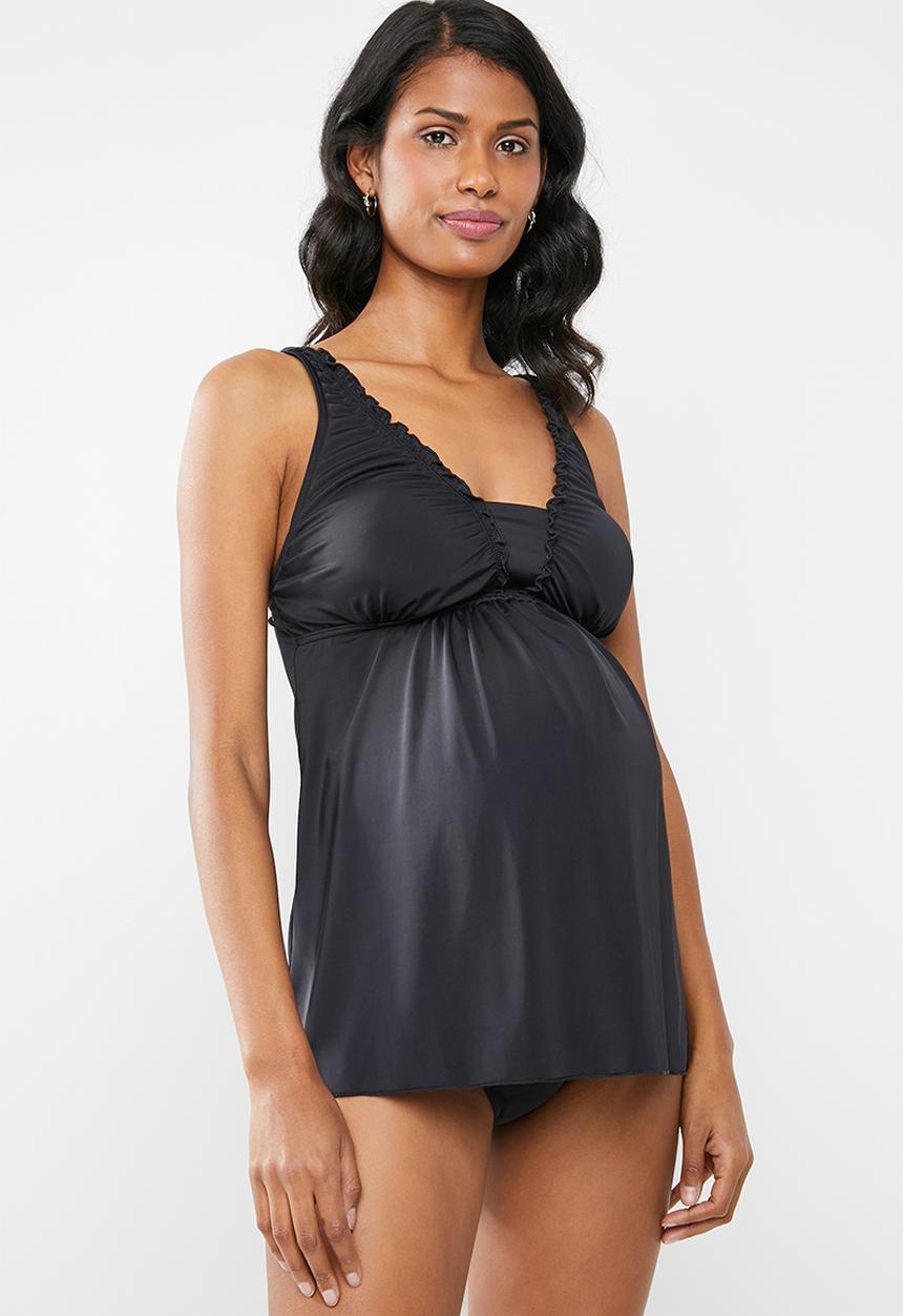 Jacqueline - Maternity silk  Frill tankini top - black