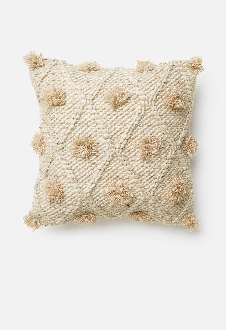 Sixth Floor - Leah hand woven cushion cover with pom poms - brown