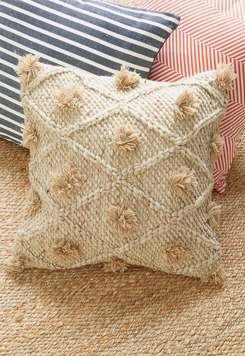 Sixth Floor - Leah hand woven cushion cover with pom poms - brown