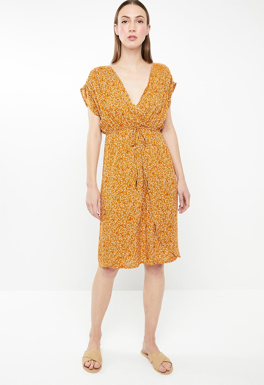 edit - Mock wrap dress with draw-cord - yellow