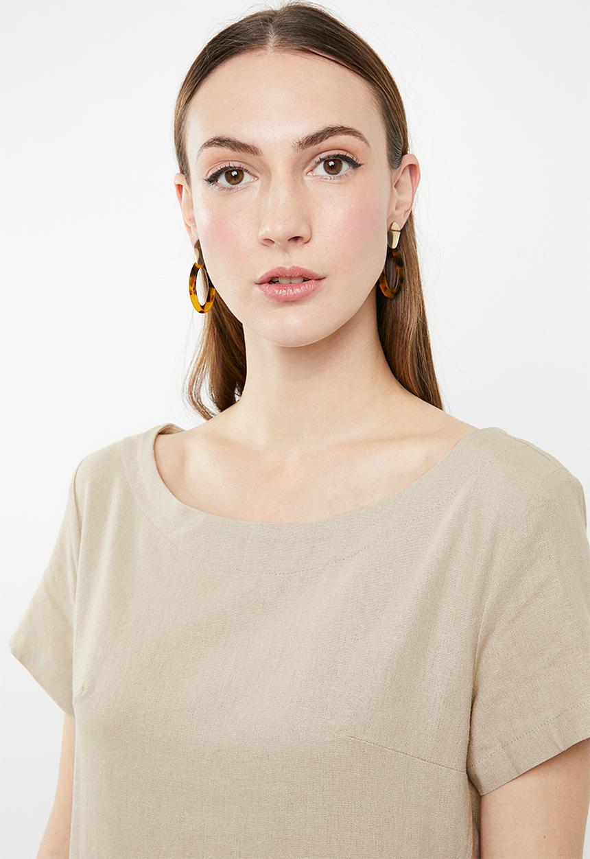 edit - Short sleeve linen blend tunic - beige 