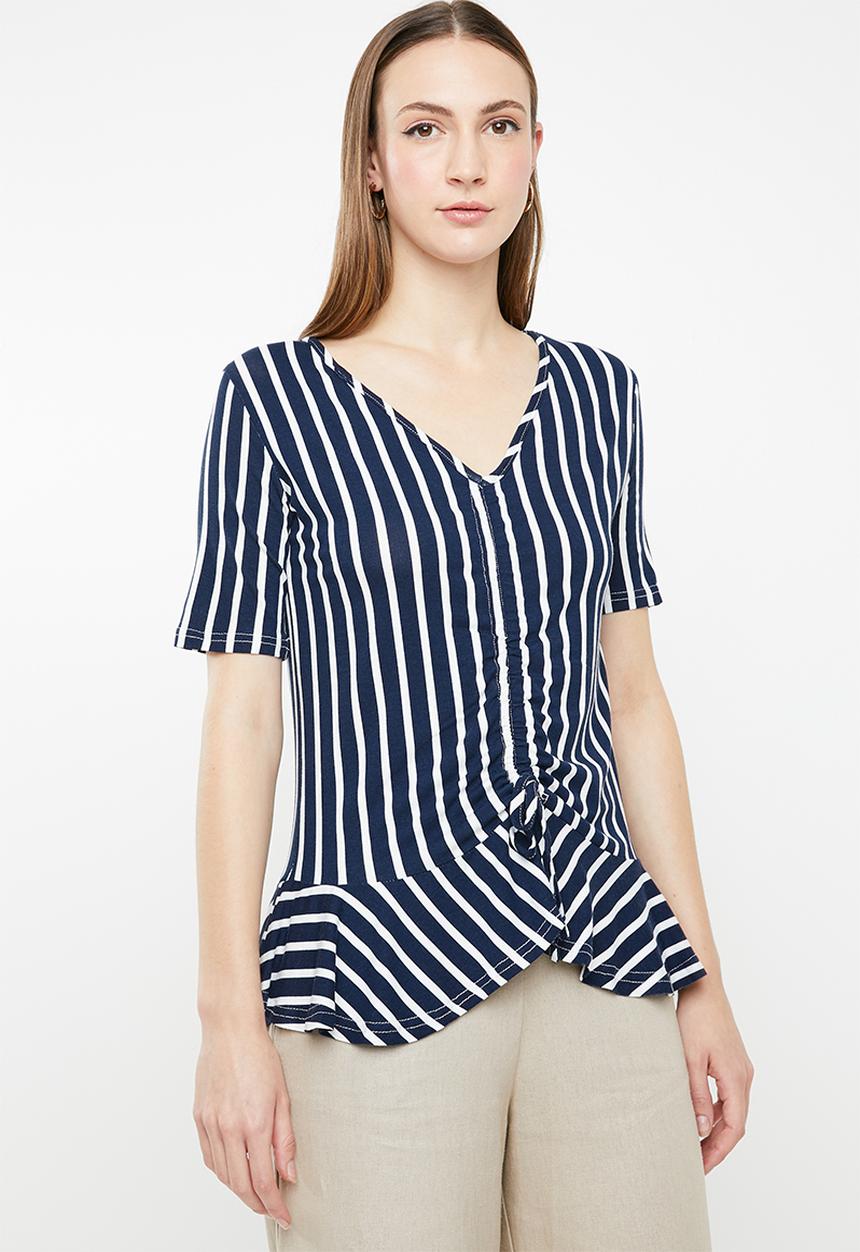 edit - Draw-cord peplum top - navy & white