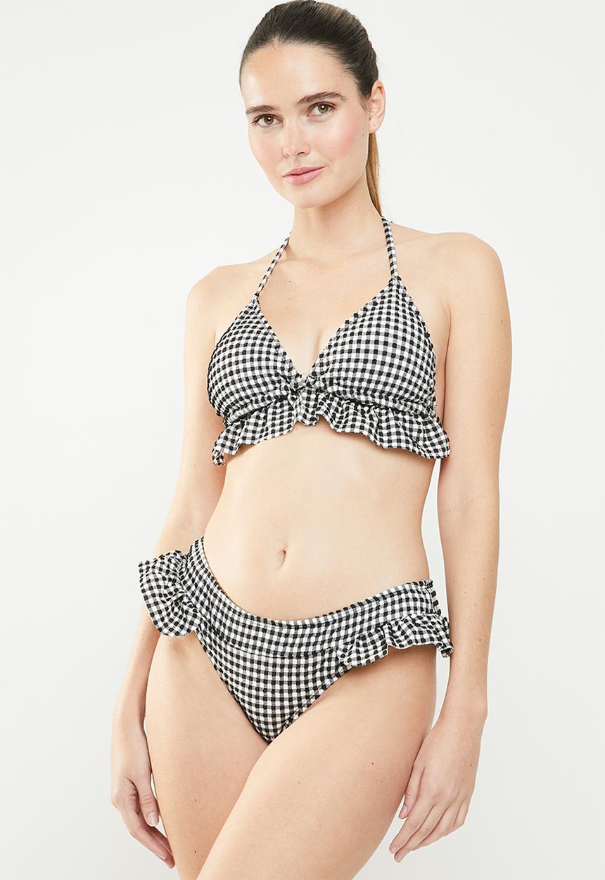 South Beach  - Seersucker gingham bikini frill bottom - black & white