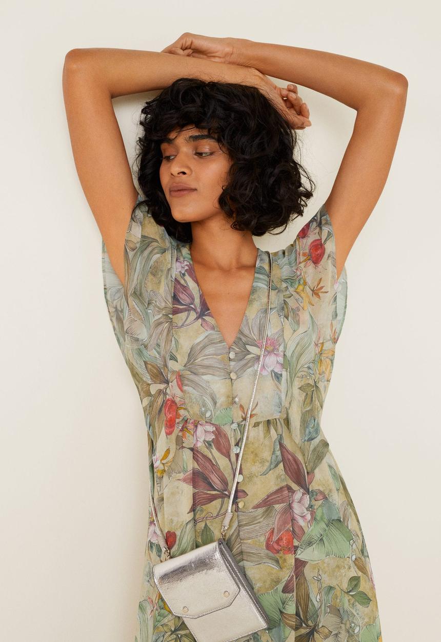 MANGO - Floral chiffon maxi dress with ruffle detail  - green