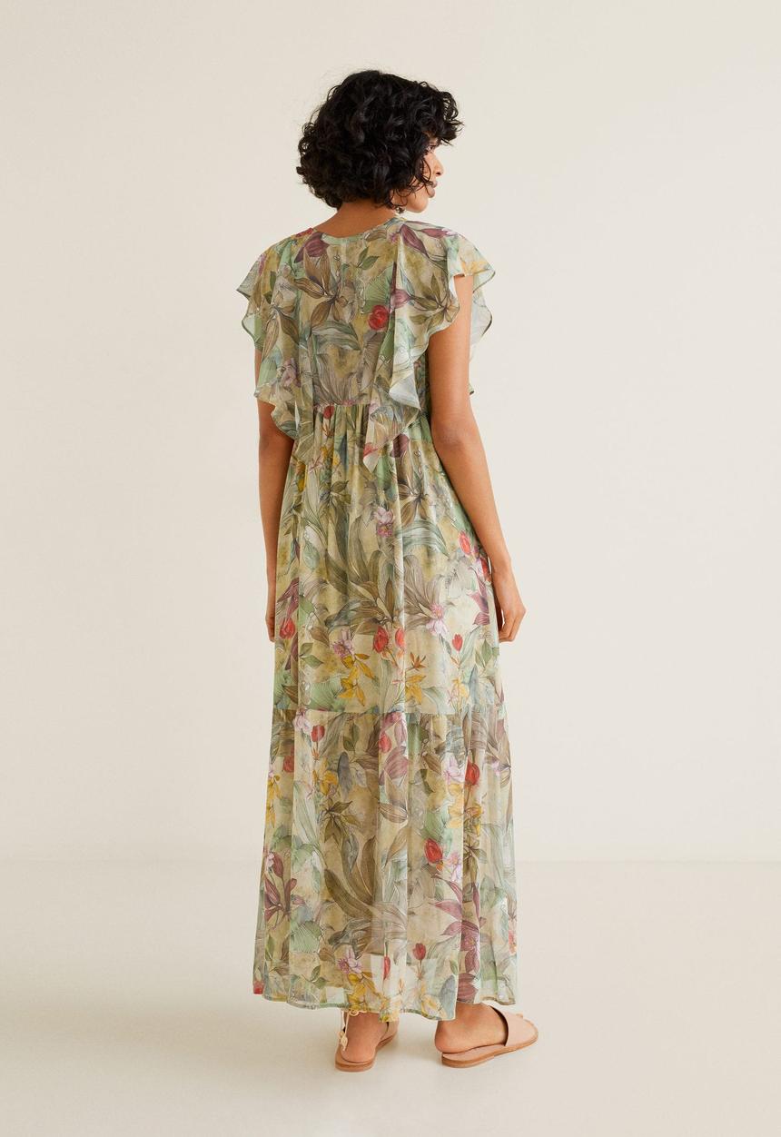 MANGO - Floral chiffon maxi dress with ruffle detail  - green