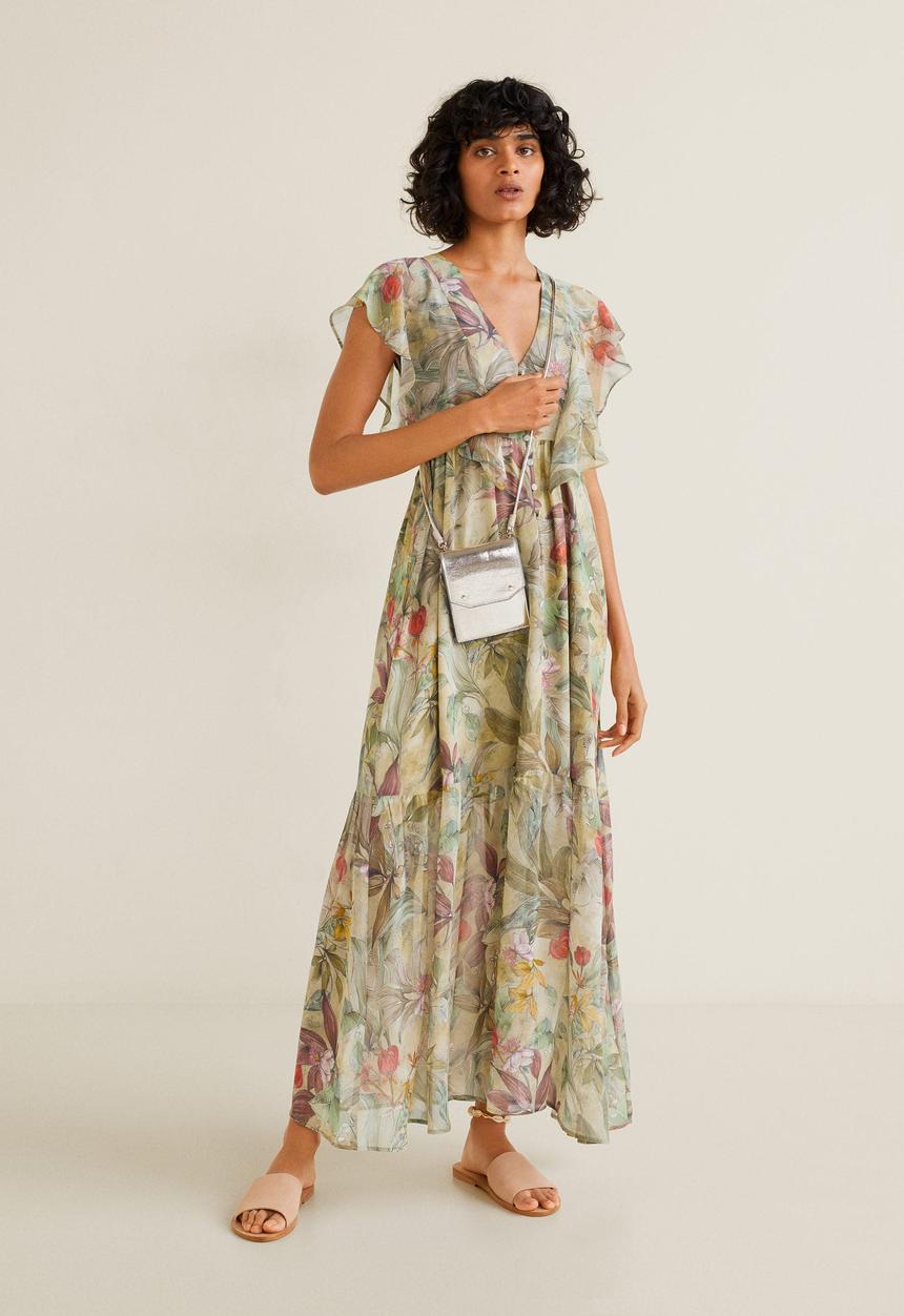 MANGO - Floral chiffon maxi dress with ruffle detail  - green