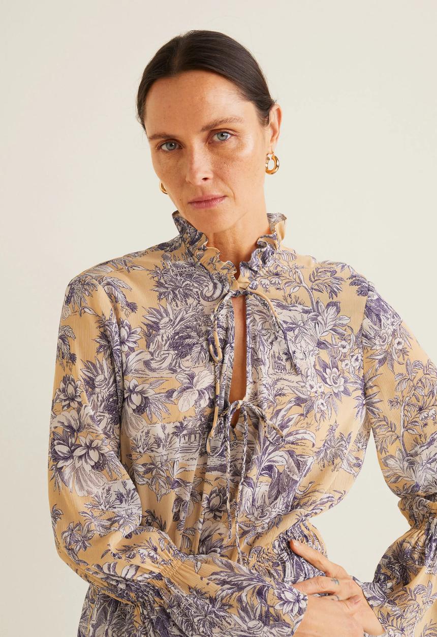 MANGO - Floral flared sleeve blouse - peach & purple 