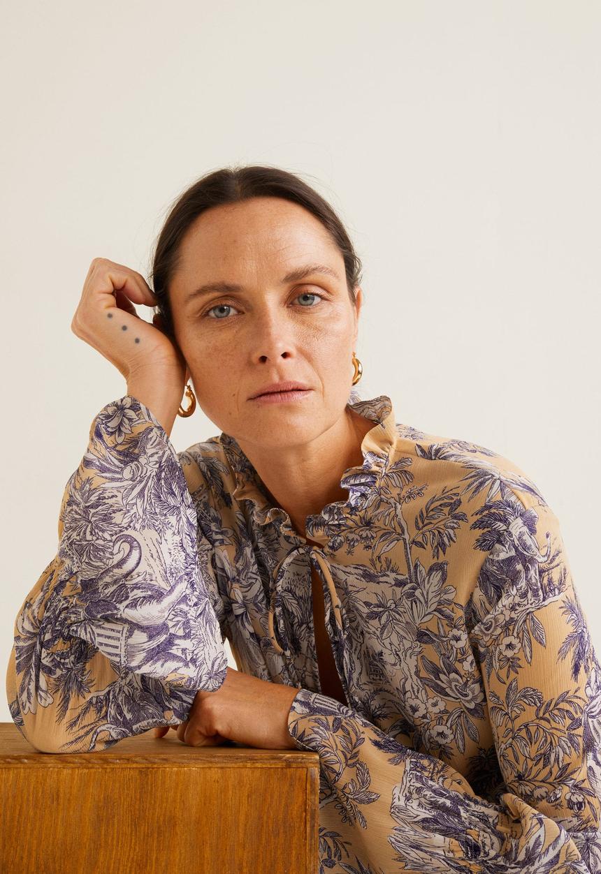 MANGO - Floral flared sleeve blouse - peach & purple 
