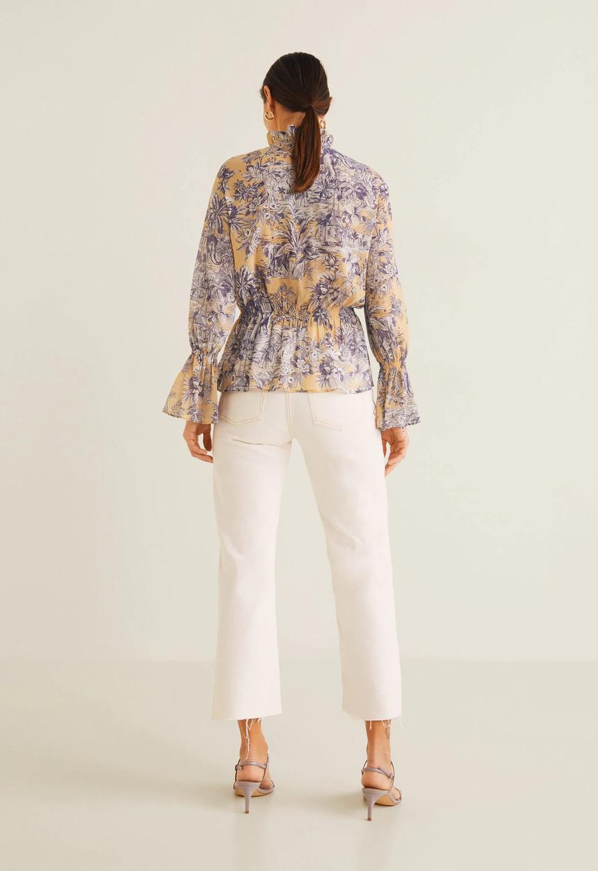 MANGO - Floral flared sleeve blouse - peach & purple 
