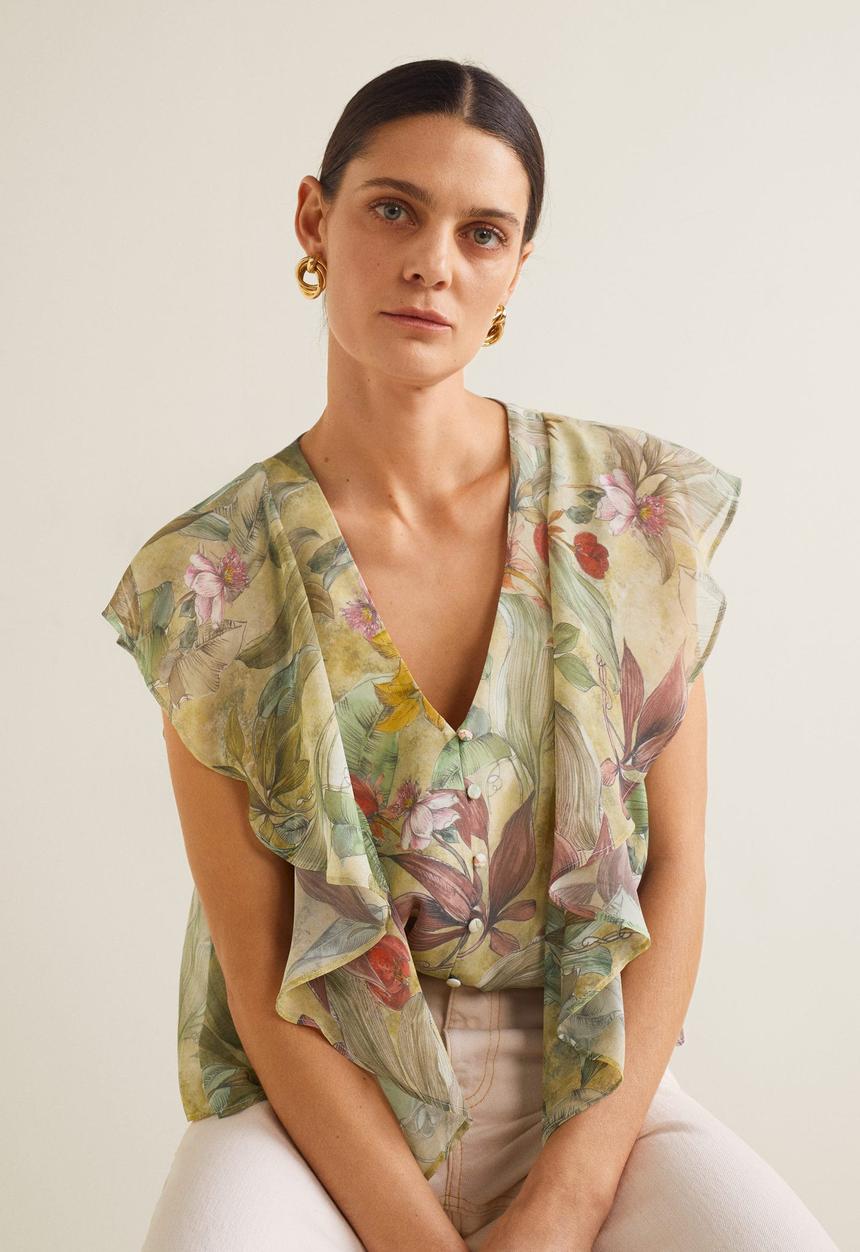 MANGO - Floral blouse with frill detail - green
