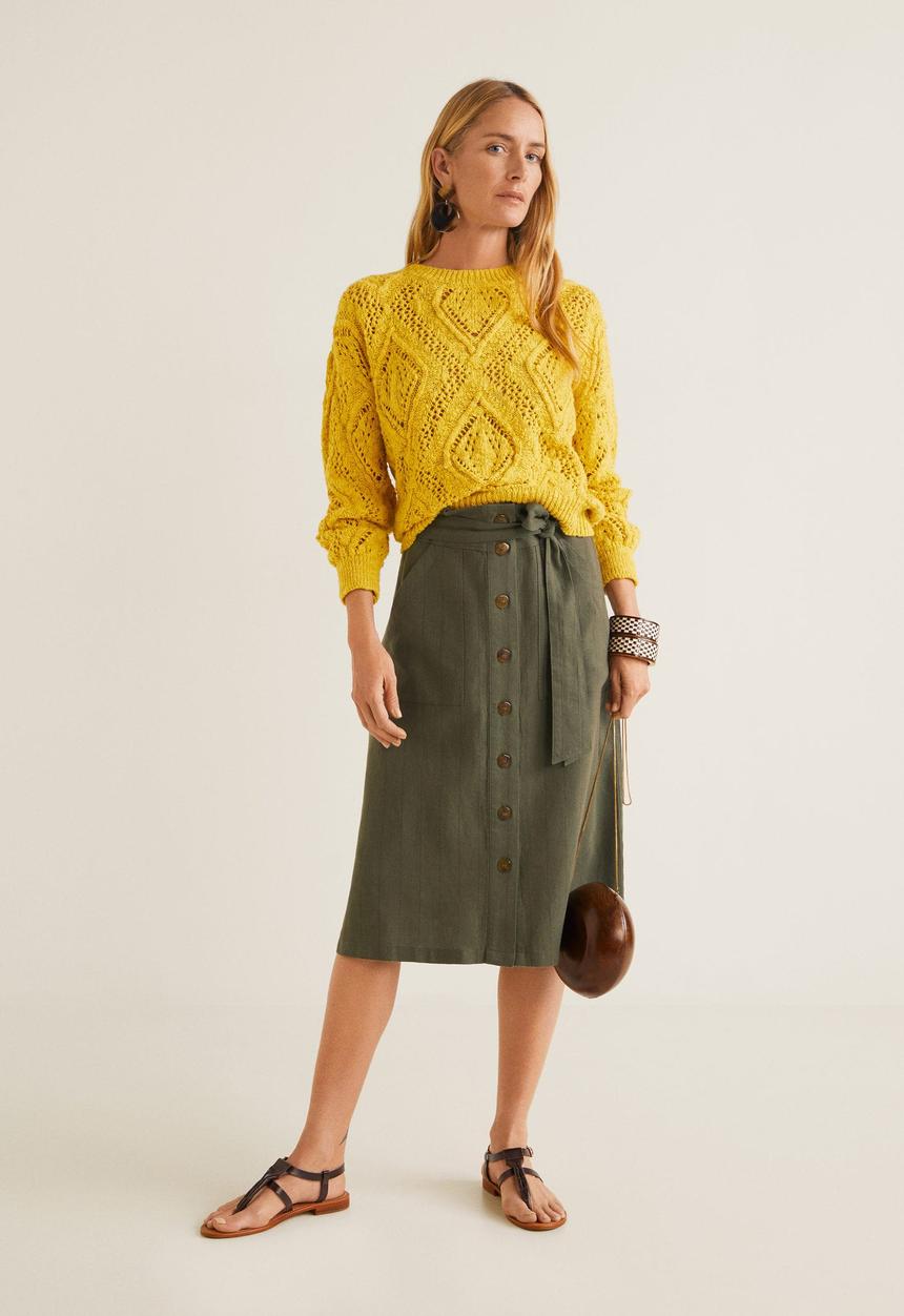 MANGO - Striped linen-blend buttoned skirt - khaki