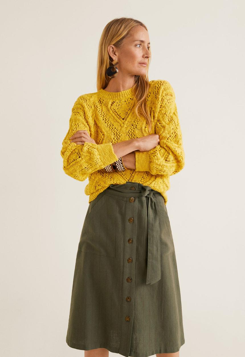 MANGO - Striped linen-blend buttoned skirt - khaki