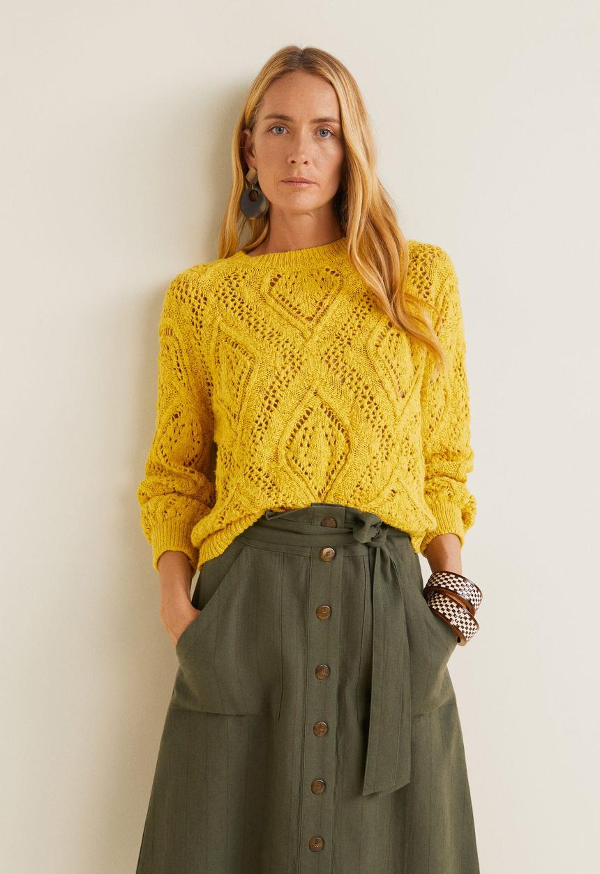 MANGO - Striped linen-blend buttoned skirt - khaki