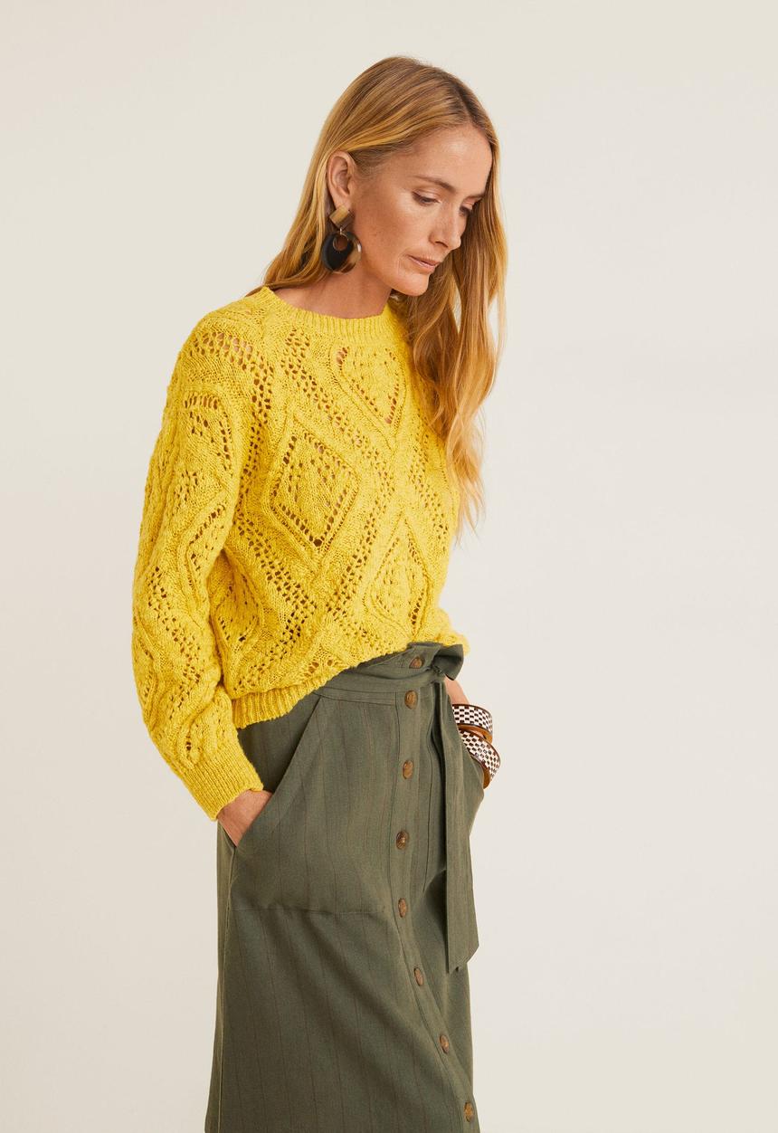 MANGO - Striped linen-blend buttoned skirt - khaki