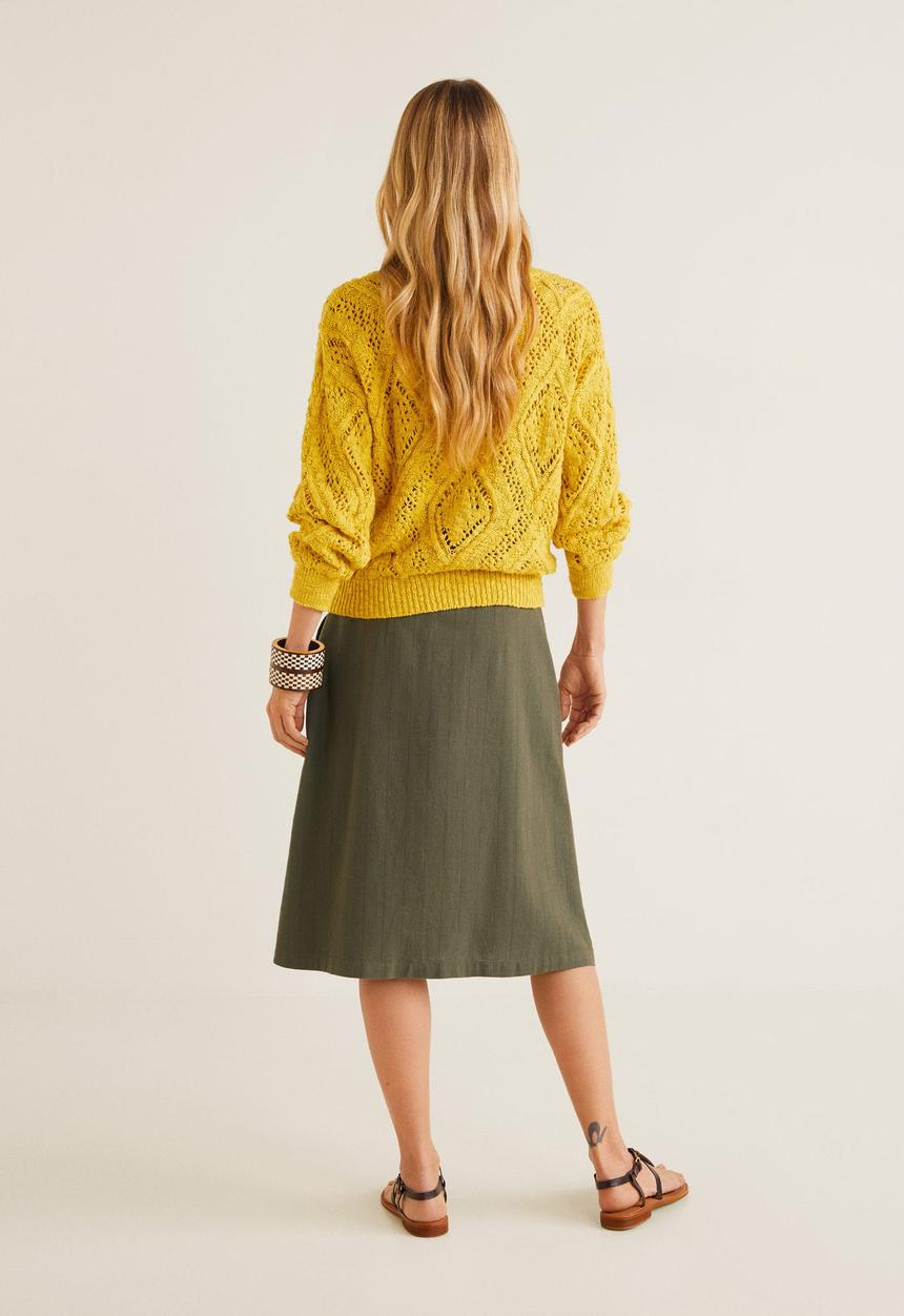 MANGO - Striped linen-blend buttoned skirt - khaki
