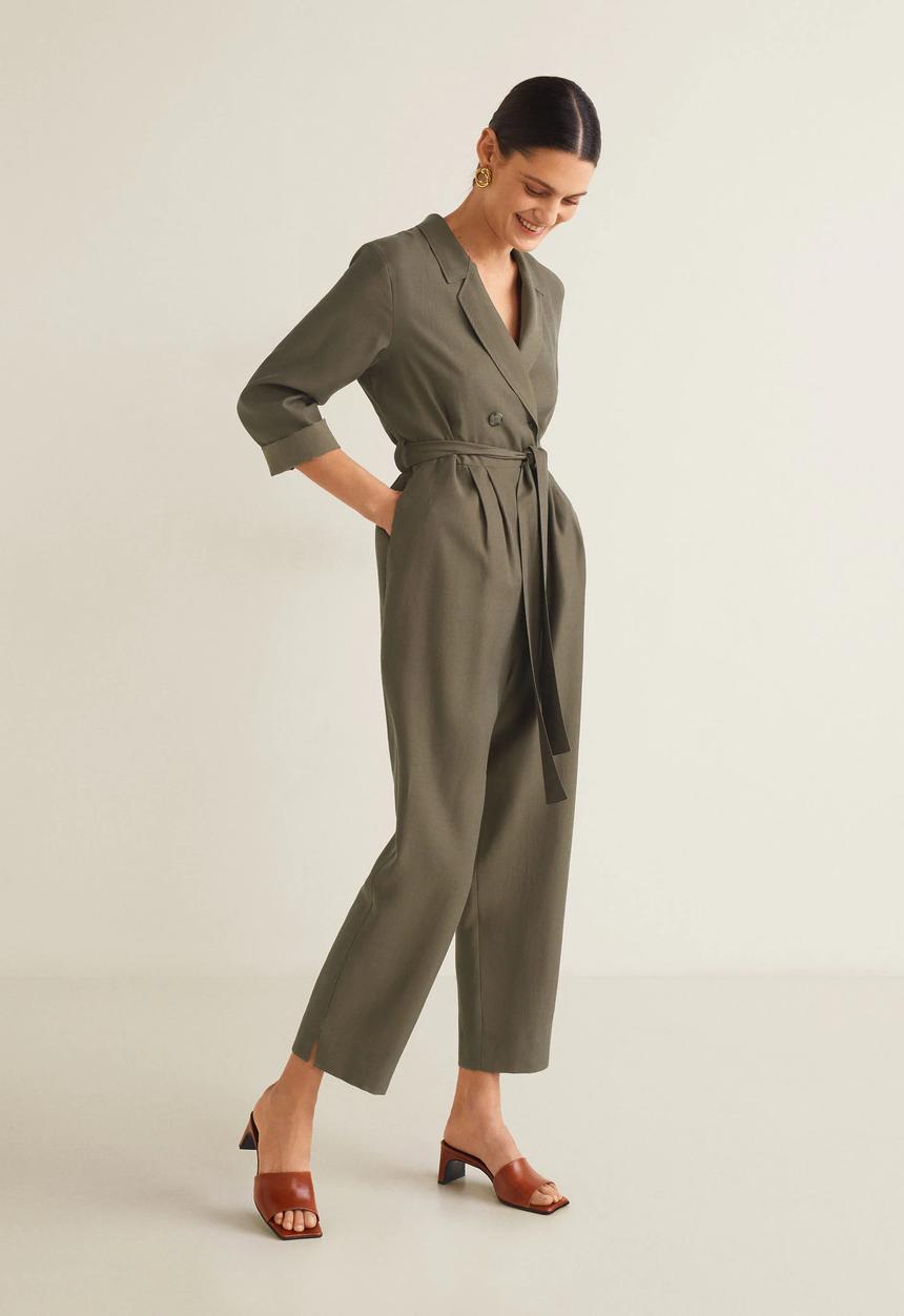MANGO - Long collared jumpsuit with tie waist - khaki