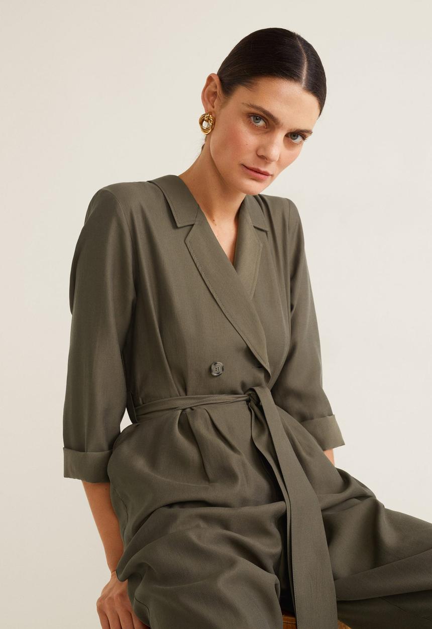 MANGO - Long collared jumpsuit with tie waist - khaki