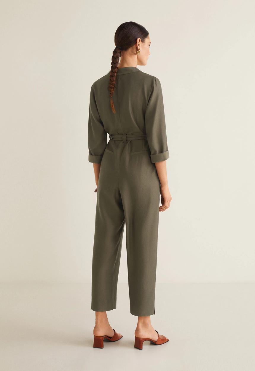 MANGO - Long collared jumpsuit with tie waist - khaki