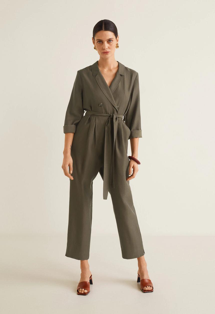 MANGO - Long collared jumpsuit with tie waist - khaki