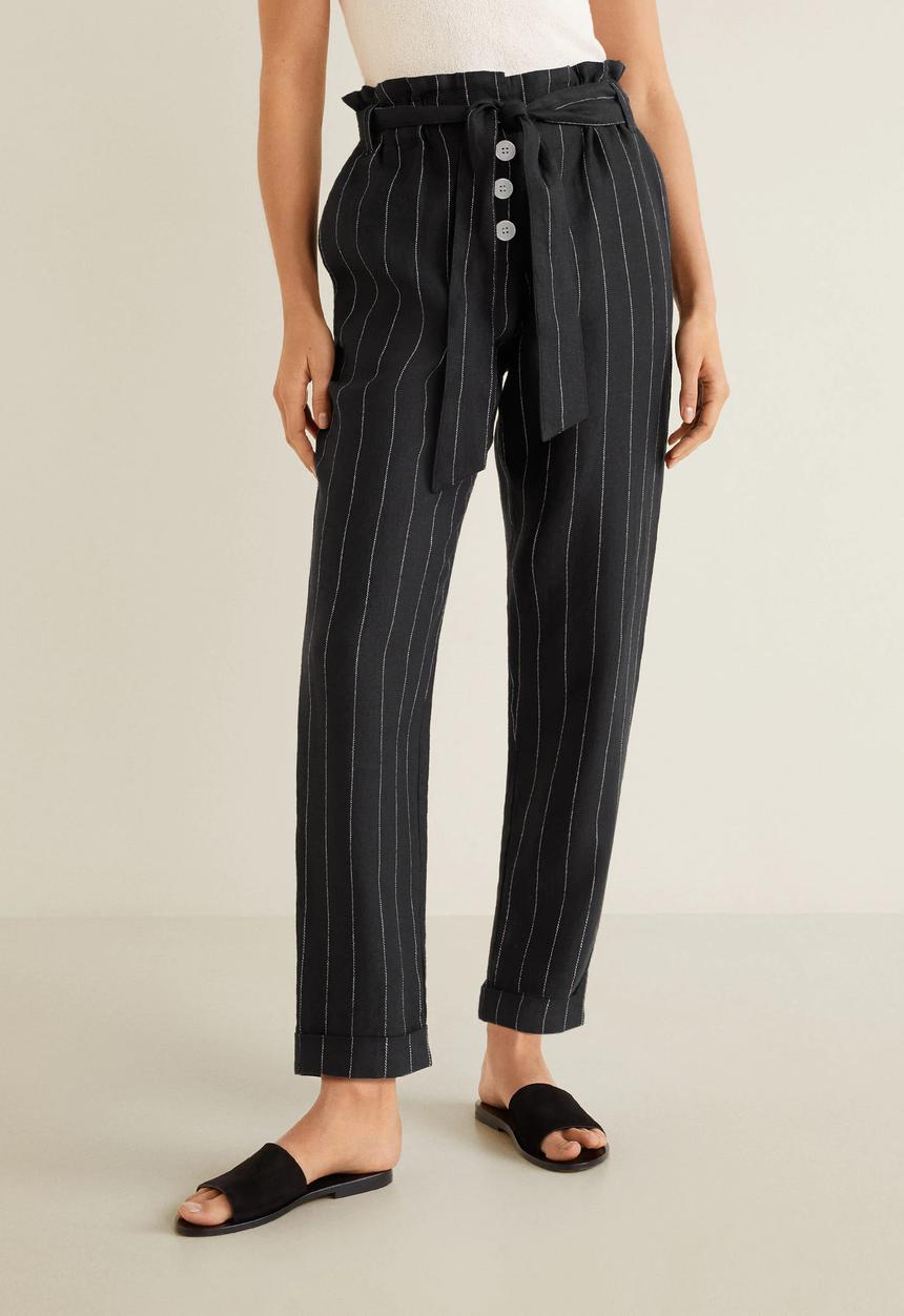 MANGO - Pinstripe linen trouser - black