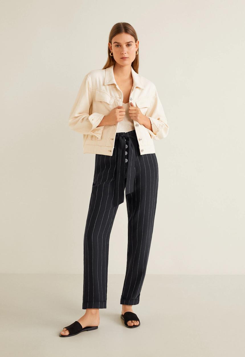 MANGO - Pinstripe linen trouser - black