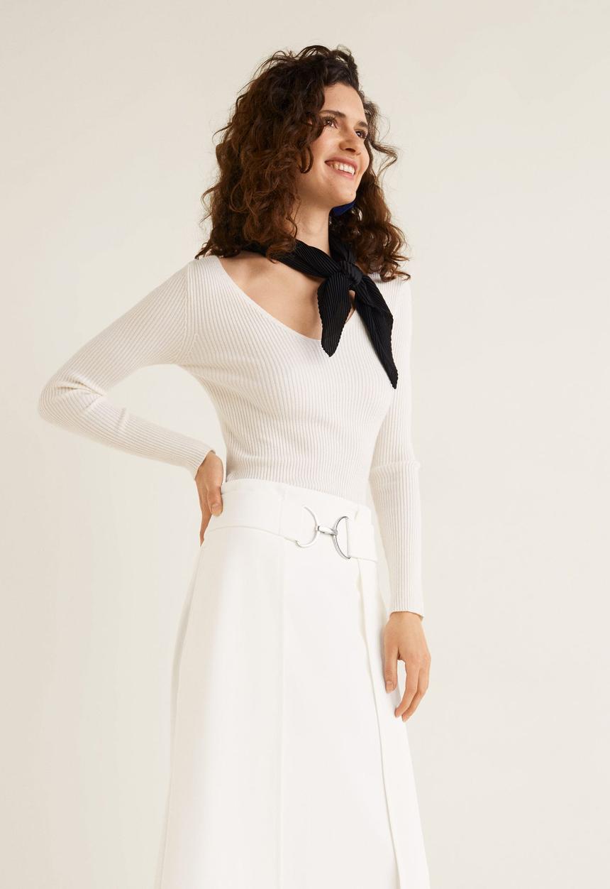 MANGO - Belted midi panel skirt - white