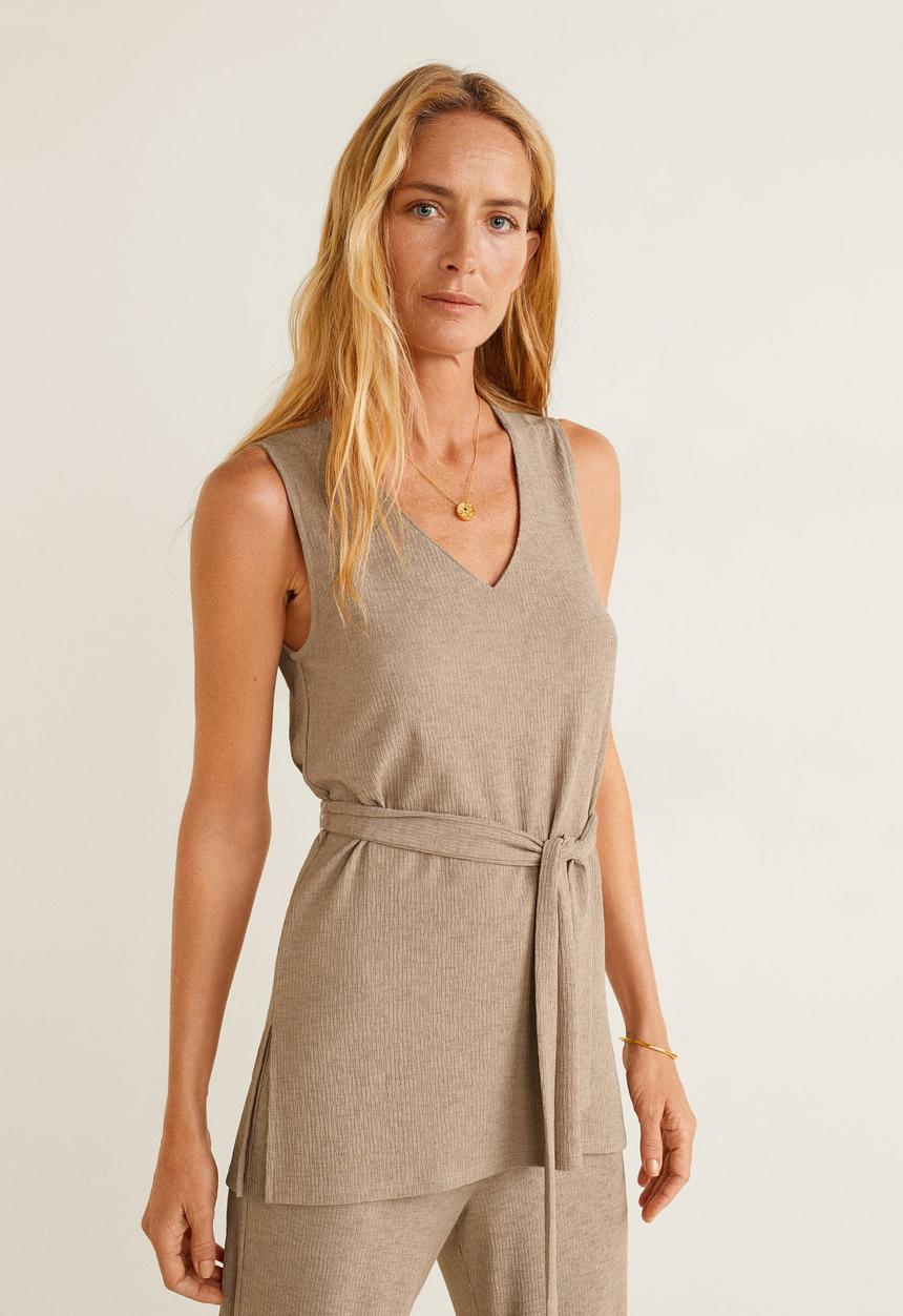 MANGO - Textured top with tie detail - brown