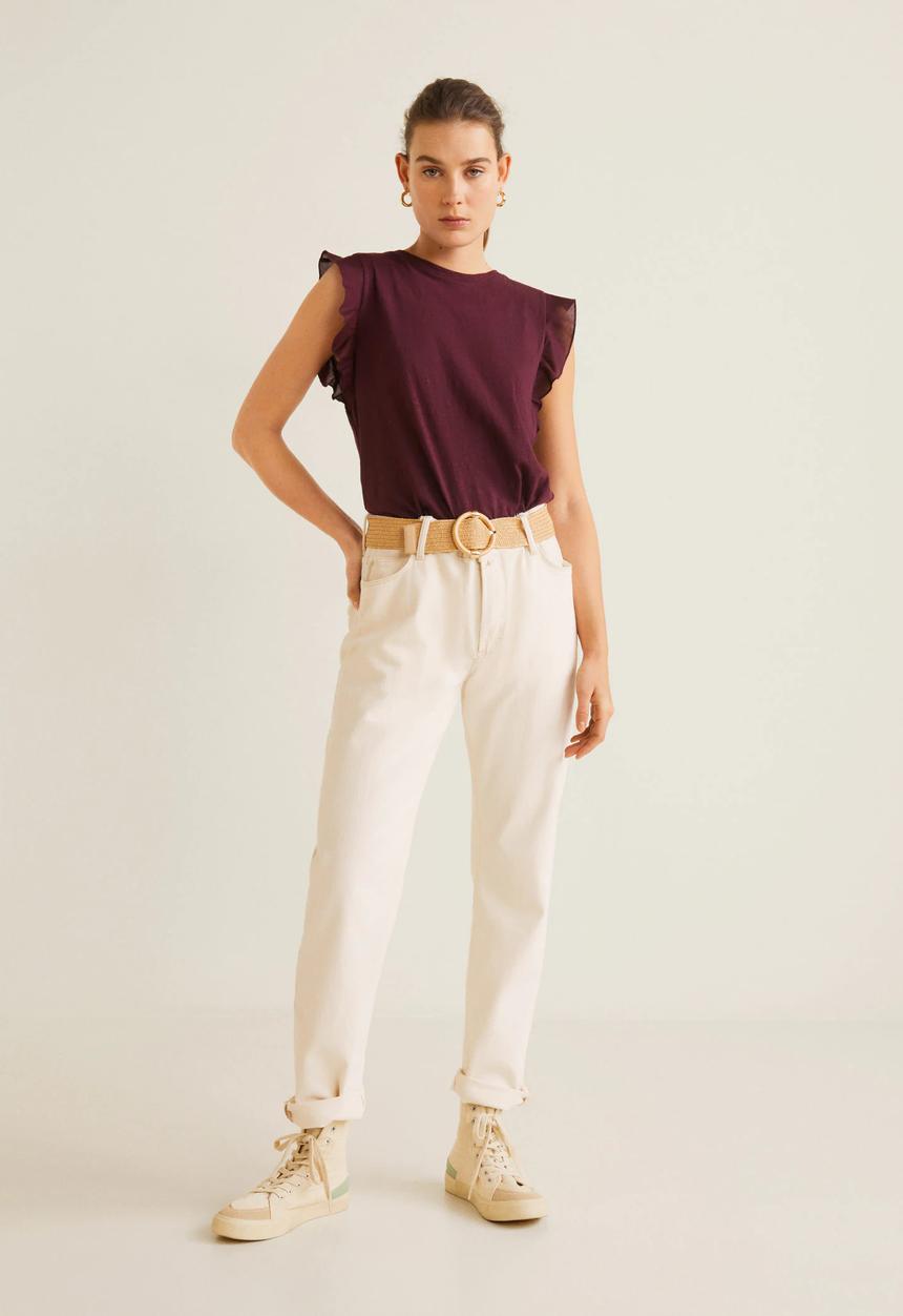 MANGO - Ruffled short sleeve T-shirt - burgundy