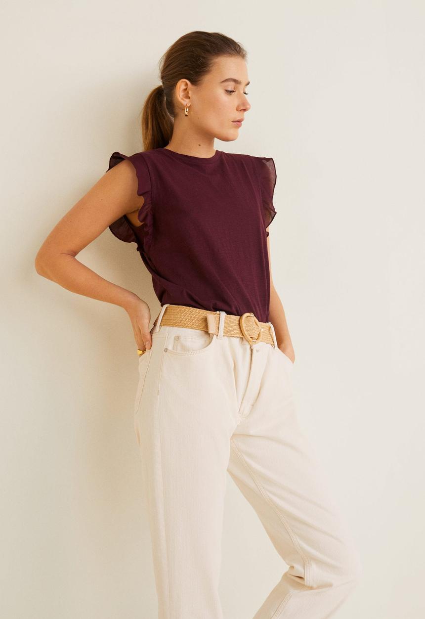 MANGO - Ruffled short sleeve T-shirt - burgundy